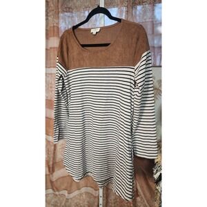 Umgee Women's Brown White Black Striped Elbow Patch Tunic 3/4 Sleeve S
